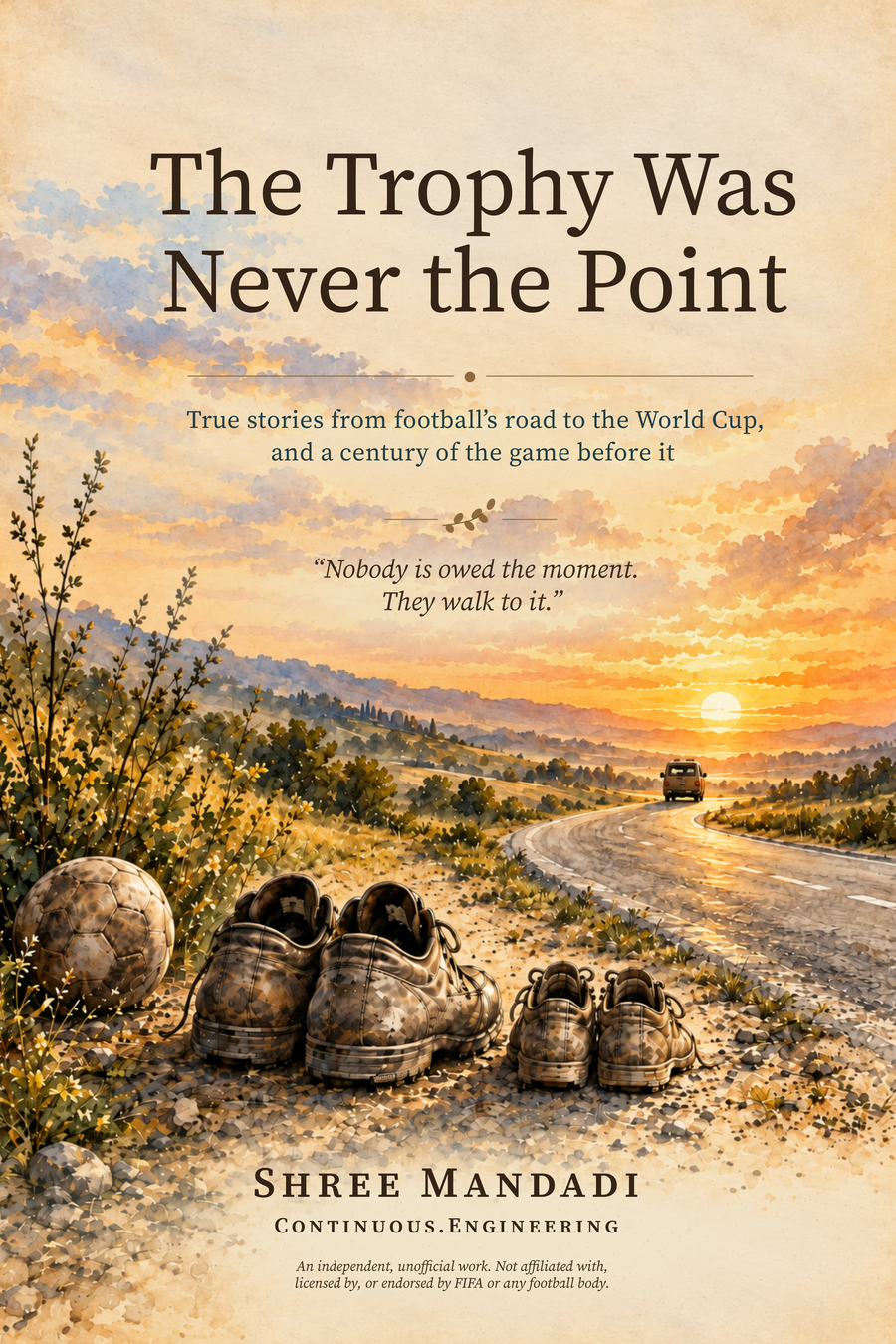 Cover of The Trophy Was Never the Point by Shree Mandadi: a watercolor sunset road with a worn ball and two pairs of muddy boots at the roadside, and the line Nobody is owed the moment. They walk to it.